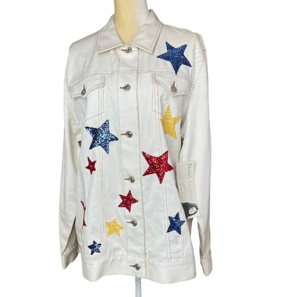 Dianes Beige Star Jeans Jacket Large NWT - Picture 2 of 15